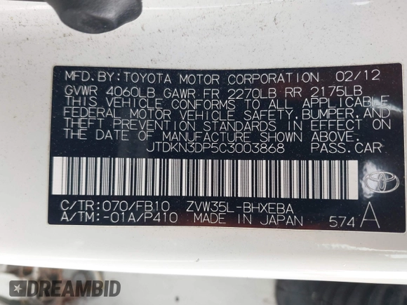 2012 Toyota Prius with VIN JTDKN3DP5C3003868, listed as a IAAI auction lot 42788584 with 148,769 mi miles and . Bid and sale history available at DreamBid. Image 9.