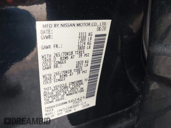 2021 Nissan Titan Pro-4X with VIN 1N6AA1ED8MN502425, listed as a IAAI auction lot 42464389 with 38,957 mi miles and . Bid and sale history available at DreamBid. Image 9.