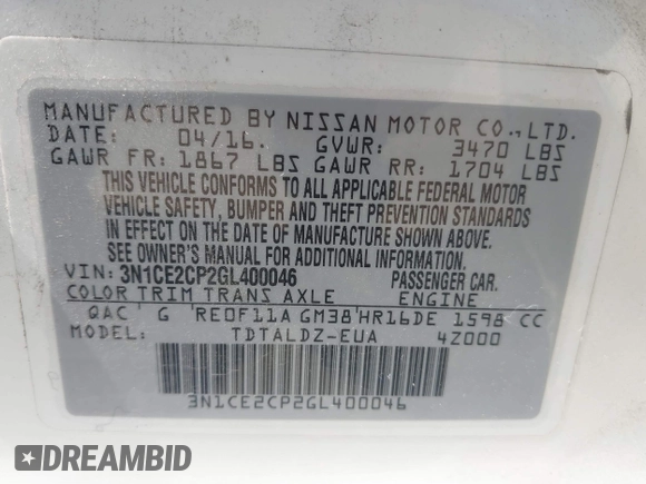 2016 Nissan Note S z VIN 3N1CE2CP2GL400046, wystawiony jako IAAI lot #42771984 z przebiegiem 134 149 mil mil oraz . Historia ofert i sprzedaży dostępna na DreamBid. Obrazek 9.