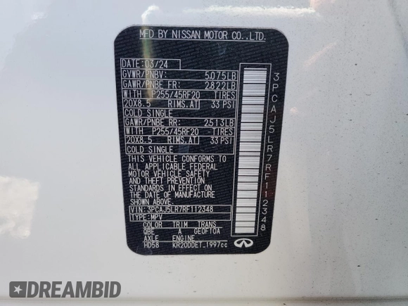 2024 Infiniti QX55 Sensory with VIN 3PCAJ5LR7RF112348, listed as a Copart auction lot 87254614 with 14,051 mi miles and Salvage Title. Bid and sale history available at DreamBid. Image 14.