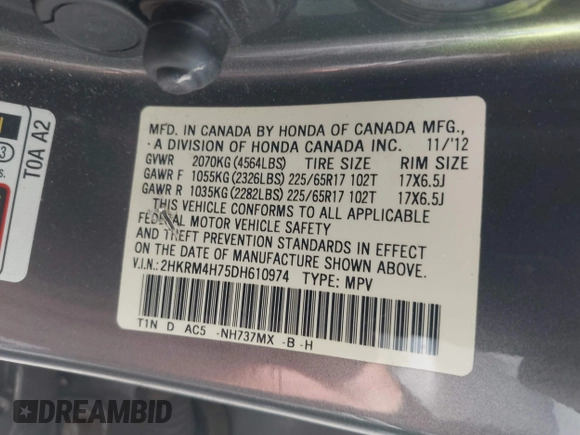 2013 Honda CR-V EX-L with VIN 2HKRM4H75DH610974, listed as a IAAI auction lot 42524910 with 42,887 mi miles and . Bid and sale history available at DreamBid. Image 9.