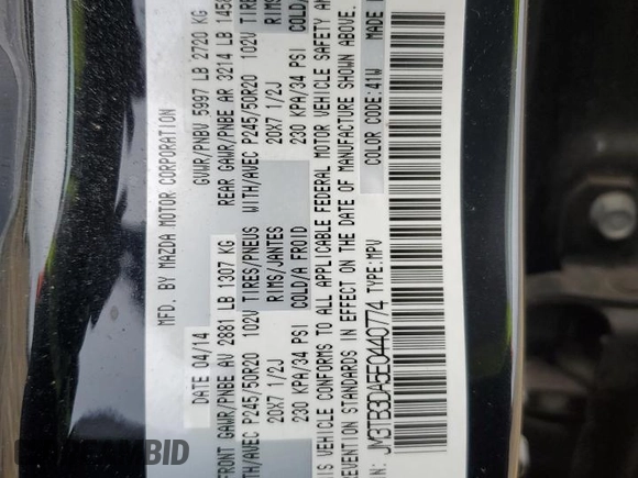 2014 Mazda CX-9 Grand Touring with VIN JM3TB3DA5E0440774, listed as a Copart auction lot 51407655 with 55,065 mi miles and Salvage Title. Bid and sale history available at DreamBid. Image 15.