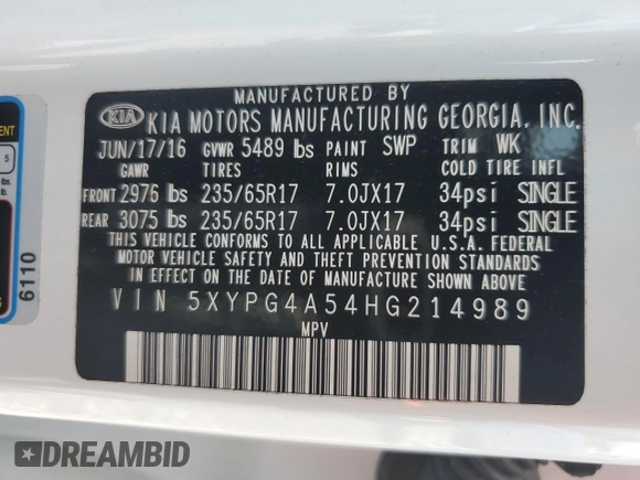 2017 Kia Sorento LX with VIN 5XYPG4A54HG214989, listed as a Copart auction lot 58235135 with 82,461 mi miles and Salvage title. Bid and sale history available at DreamBid. Image 13.