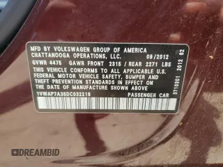 2013 Volkswagen Passat S with VIN 1VWAP7A35DC032218, listed as a Copart auction lot 56232645 with 222,722 mi miles and Salvage title. Bid and sale history available at DreamBid. Image 12.