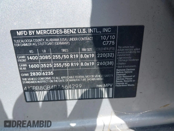 2011 Mercedes-Benz M 350 with VIN 4JGBB8GB4BA664299, listed as a IAAI auction lot 42229734 with 180,557 mi miles and . Bid and sale history available at DreamBid. Image 9.