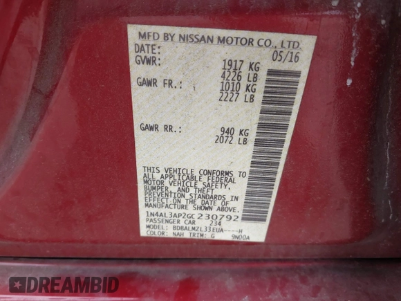2016 Nissan Altima SR с VIN 1N4AL3AP2GC230792, выставлен на аукционе IAAI как лот 41899009 с пробегом 144 340 миль миль и . История ставок и продаж доступна на DreamBid. Изображение 9.