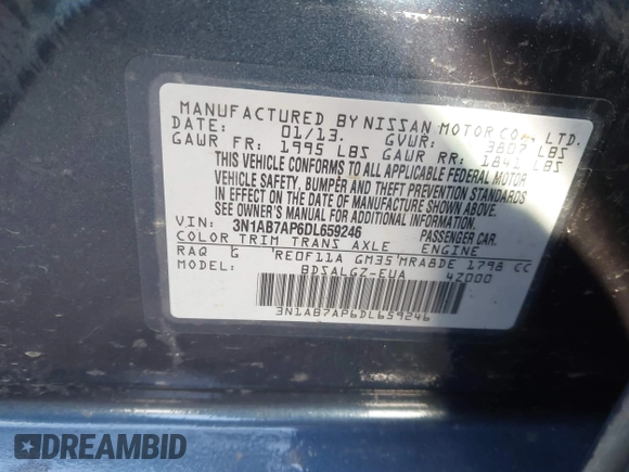 2013 Nissan Sentra SV with VIN 3N1AB7AP6DL659246, listed as a IAAI auction lot 41779998 with 93,715 mi miles. Bid and sale history available at carsss.com. Image 9.