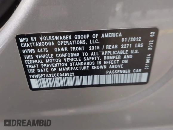 2012 Volkswagen Passat SE z VIN 1VWBP7A32CC049822, wystawiony jako IAAI lot #41634650 z przebiegiem 130 896 mil mil oraz . Historia ofert i sprzedaży dostępna na DreamBid. Obrazek 9.
