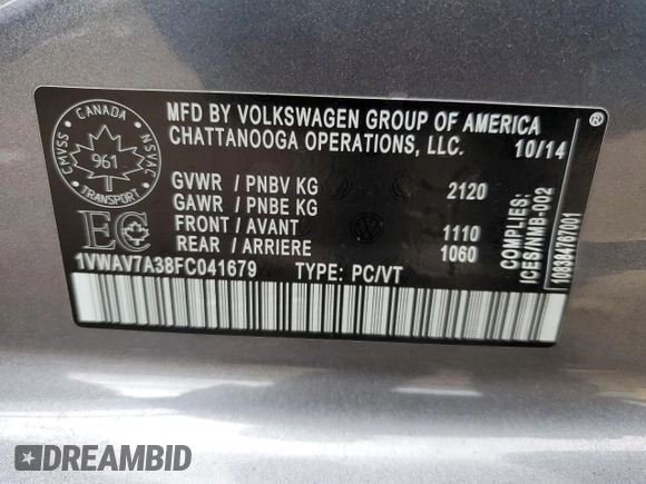 2015 Volkswagen Passat Trendline with VIN 1VWAV7A38FC041679, listed as a Copart auction lot 53419724 with 123,868 mi miles and Salvage title. Bid and sale history available at DreamBid. Image 12.