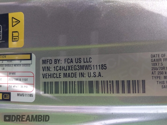 2021 Jeep Wrangler Unlimited High Altitude with VIN 1C4HJXEG3MW511185, listed as a IAAI auction lot 42125883 with 45,564 mi miles and . Bid and sale history available at DreamBid. Image 9.