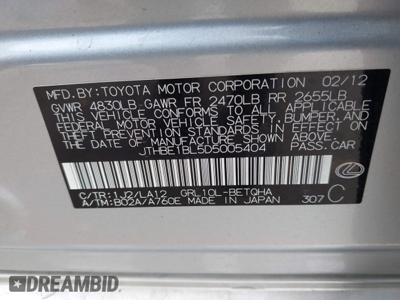 2013 Lexus GS 350 with VIN JTHBE1BL5D5005404, listed as a IAAI auction lot 41970447 with 44,635 mi miles and . Bid and sale history available at DreamBid. Image 9.