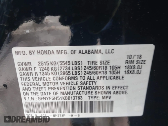 2019 Honda Pilot EX-L with VIN 5FNYF5H51KB013763, listed as a IAAI auction lot 41711089 with 79,651 mi miles and . Bid and sale history available at DreamBid. Image 9.