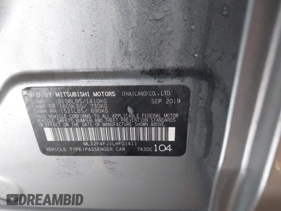 2020 Mitsubishi Mirage SE with VIN ML32F4FJ1LHF01411, listed as a IAAI auction lot 41221688 with 75,671 mi miles and . Bid and sale history available at DreamBid. Image 9.
