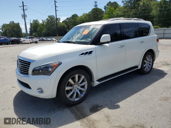 2012 Infiniti QX56 7-passenger with VIN JN8AZ2NF3C9518742, listed as a Copart auction lot 56838314 with 102,622 mi miles and Salvage Title. Bid and sale history available at carsss.com. Image 1.