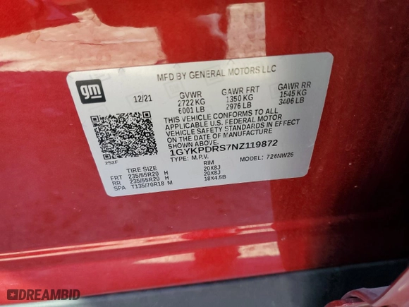2022 Cadillac XT6 Premium Luxury with VIN 1GYKPDRS7NZ119872, listed as a Copart auction lot 42234655 with NaN miles and Salvage Title. Bid and sale history available at carsss.com. Image 12.