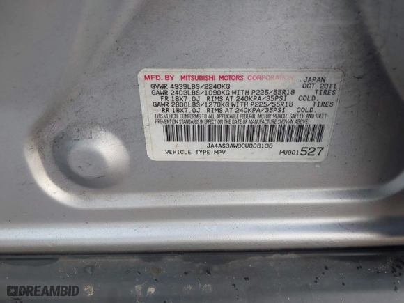 2012 Mitsubishi Outlander SE with VIN JA4AS3AW9CU008138, listed as a IAAI auction lot 41555627 with 119,751 mi miles. Bid and sale history available at carsss.com. Image 9.