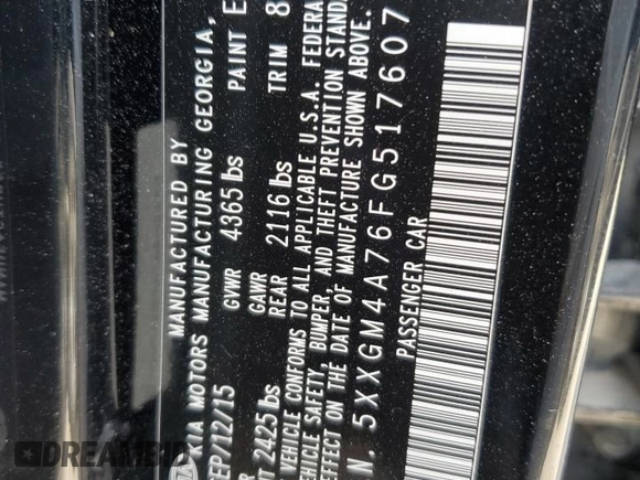 2015 Kia Optima LX z VIN 5XXGM4A76FG517607, wystawiony jako Copart lot #56585135 z przebiegiem 106 702 mil mil oraz Szkoda całkowita • Salvage title. Historia ofert i sprzedaży dostępna na DreamBid. Obrazek 12.