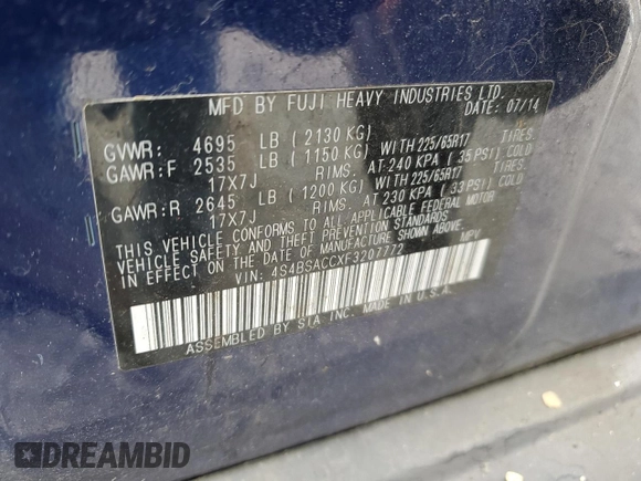 2015 Subaru Outback Premium with VIN 4S4BSACCXF3207772, listed as a Copart auction lot 61097175 with 104,239 mi miles and Salvage title. Bid and sale history available at DreamBid. Image 13.