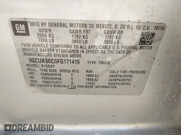 2015 Chevrolet Silverado 1500 LTZ with VIN 3GCUKSEC6FG171415, listed as a IAAI auction lot 41811018 with 171,295 mi miles and . Bid and sale history available at DreamBid. Image 9.