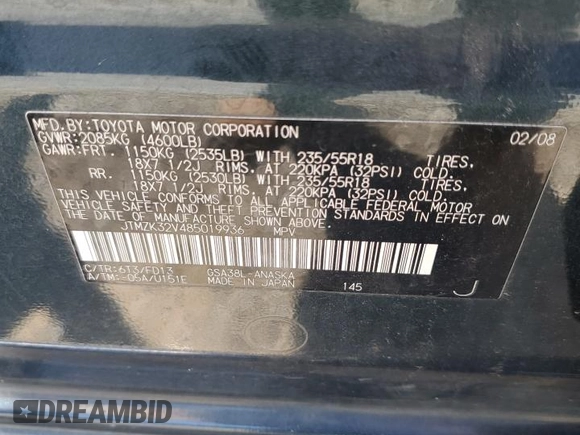 2008 Toyota RAV4 Sport with VIN JTMZK32V485019936, listed as a Copart auction lot 60456285 with 208,467 mi miles and Salvage title. Bid and sale history available at DreamBid. Image 12.