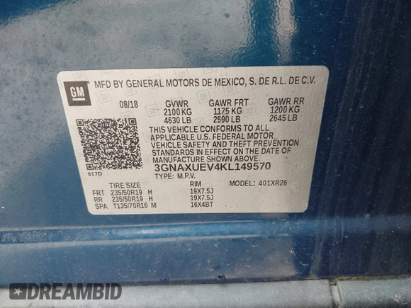 2019 Chevrolet Equinox LT z VIN 3GNAXUEV4KL149570, wystawiony jako IAAI lot #42250214 z przebiegiem 79 743 mil mil oraz . Historia ofert i sprzedaży dostępna na DreamBid. Obrazek 9.