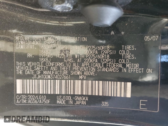 2007 Lexus LX 470 z VIN JTJHT00W374027661, wystawiony jako Copart lot #76673684 z przebiegiem 112 184 mil mil oraz Szkoda całkowita • Salvage title. Historia ofert i sprzedaży dostępna na DreamBid. Obrazek 13.