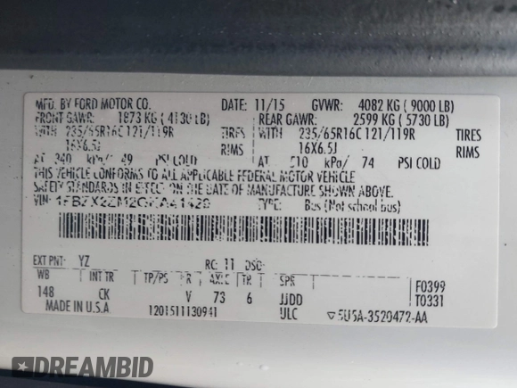 2016 Ford Transit XL with VIN 1FBZX2ZM2GKA41429, listed as a IAAI auction lot 42219998 with 113,913 mi miles and . Bid and sale history available at DreamBid. Image 9.