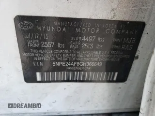 2016 Hyundai Sonata SE with VIN 5NPE24AF8GH366649, listed as a Copart auction lot 66293453 with 95,268 mi miles and Salvage title. Bid and sale history available at DreamBid. Image 12.