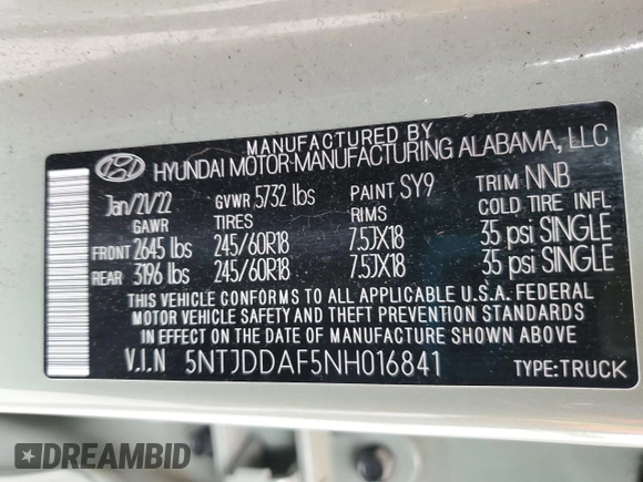 2022 Hyundai Santa Cruz SEL Premium z VIN 5NTJDDAF5NH016841, wystawiony jako Copart lot #58422695 z przebiegiem 27 287 mil mil oraz Szkoda całkowita • Salvage title. Historia ofert i sprzedaży dostępna na DreamBid. Obrazek 12.