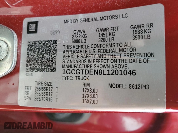 2020 Chevrolet Colorado 4WD Z71 z VIN 1GCGTDEN8L1201046, wystawiony jako Copart lot #46695215 z przebiegiem 73 454 mil mil oraz Szkoda całkowita • Salvage title. Historia ofert i sprzedaży dostępna na DreamBid. Obrazek 14.