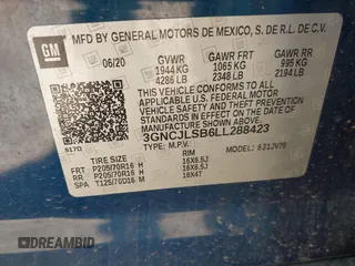 2020 Chevrolet Trax LT with VIN 3GNCJLSB6LL288423, listed as a IAAI auction lot 42213843 with 75,624 mi miles and . Bid and sale history available at DreamBid. Image 9.