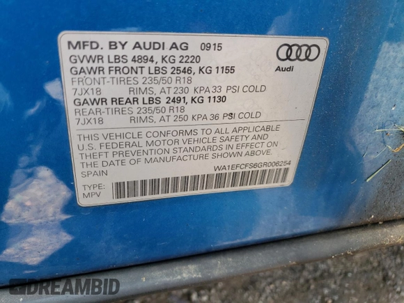 2016 Audi Q3 Premium Plus with VIN WA1EFCFS6GR006254, listed as a Copart auction lot 52847763 with 96,485 mi miles. Bid and sale history available at carsss.com. Image 12.