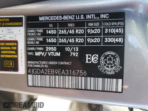 2014 Mercedes-Benz M 350 with VIN 4JGDA2EB9EA316756, listed as a Copart auction lot 46580665 with Not Provided miles and Non Repairable. Bid and sale history available at DreamBid. Image 13.