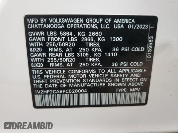 2023 Volkswagen Atlas SE с VIN 1V2HP2CA8PC528004, выставлен на аукционе Copart как лот 88048055 с пробегом 28 286 миль миль и Списание • Salvage title. История ставок и продаж доступна на DreamBid. Изображение 13.