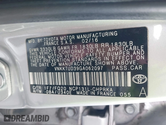 2016 Toyota Yaris L with VIN VNKKTUD39GA062097, listed as a IAAI auction lot 42030121 with 135,500 mi miles. Bid and sale history available at carsss.com. Image 9.