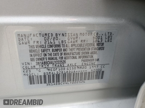 2020 Nissan Sentra SV z VIN 3N1AB8CV4LY222526, wystawiony jako Copart lot #53543915 z przebiegiem 54 974 mil mil oraz Szkoda całkowita • Salvage title. Historia ofert i sprzedaży dostępna na DreamBid. Obrazek 14.