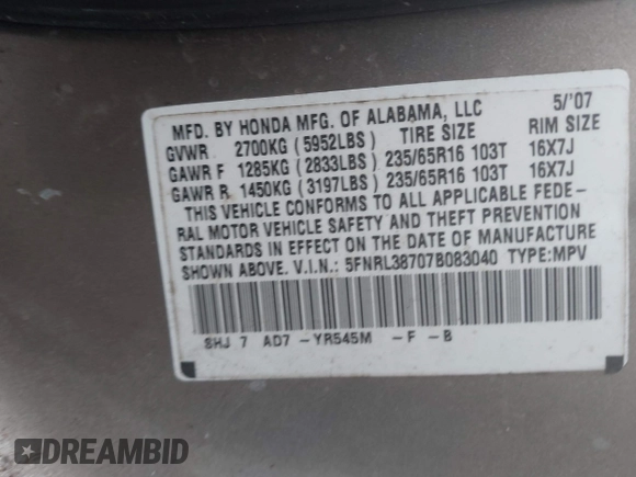 2007 Honda Odyssey EX-L with VIN 5FNRL38707B083040, listed as a IAAI auction lot 41624797 with 256,475 mi miles. Bid and sale history available at carsss.com. Image 9.