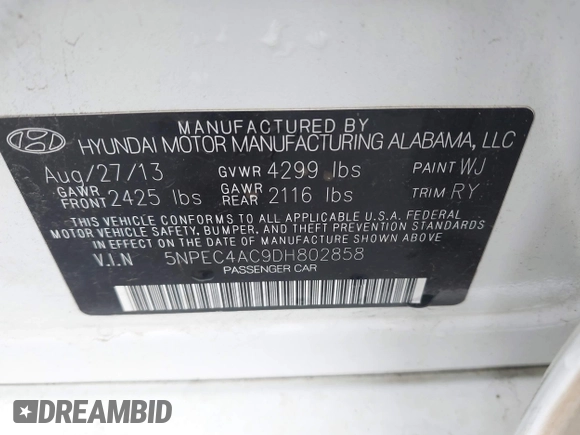 2013 Hyundai Sonata Limited z VIN 5NPEC4AC9DH802858, wystawiony jako IAAI lot #42531348 z przebiegiem 274 621 mil mil oraz . Historia ofert i sprzedaży dostępna na DreamBid. Obrazek 9.