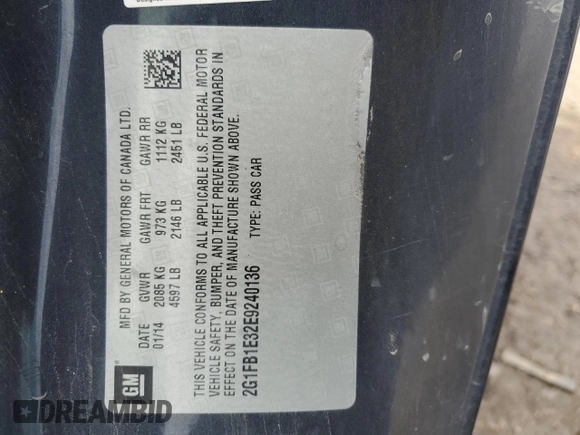 2014 Chevrolet Camaro LT with VIN 2G1FB1E32E9240136, listed as a Copart auction lot 55873705 with 132,153 mi miles and Salvage title. Bid and sale history available at DreamBid. Image 13.