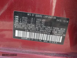 2019 Subaru Impreza with VIN 4S3GTAA63K1721568, listed as a IAAI auction lot 41896632 with 18,744 mi miles. Bid and sale history available at carsss.com. Image 9.