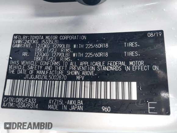 2020 Lexus NX with VIN JTJGJRDZXL5002870, listed as a IAAI auction lot 41104997 with 48,856 mi miles. Bid and sale history available at carsss.com. Image 9.