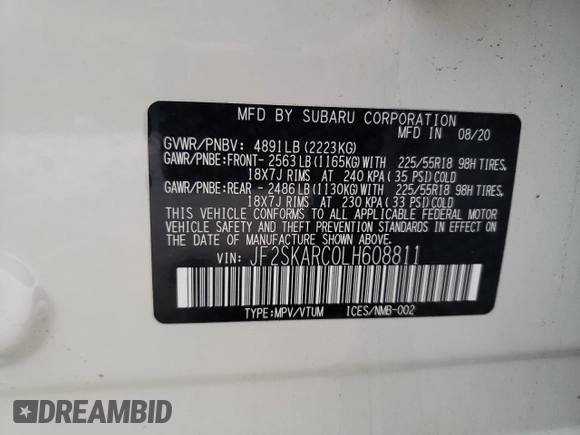 2020 Subaru Forester Special Sports with VIN JF2SKARC0LH608811, listed as a Copart auction lot 61369395 with 58,326 mi miles and Salvage title. Bid and sale history available at DreamBid. Image 13.