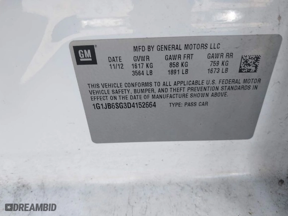 2013 Chevrolet Sonic LS with VIN 1G1JB6SG3D4152664, listed as a IAAI auction lot 41702163 with 106,380 mi miles. Bid and sale history available at carsss.com. Image 9.