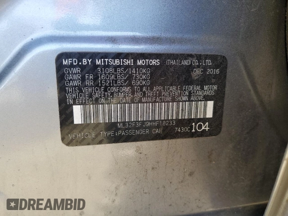 2017 Mitsubishi Mirage ES z VIN ML32F3FJ9HHF18233, wystawiony jako Copart lot #53321864 z przebiegiem 93 213 mil mil oraz Szkody całkowita. Historia ofert i sprzedaży dostępna na DreamBid. Obrazek 15.