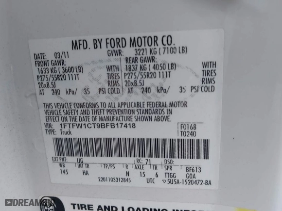 2011 Ford F-150 XLT with VIN 1FTFW1CT9BFB17418, listed as a IAAI auction lot 41485170 with 165,055 mi miles. Bid and sale history available at carsss.com. Image 9.