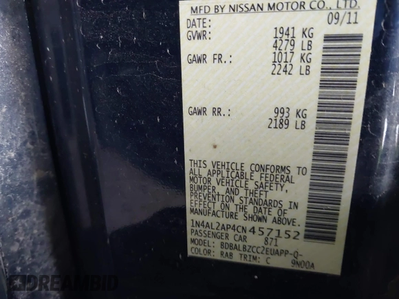 2012 Nissan Altima 2.5 S with VIN 1N4AL2AP4CN457152, listed as a IAAI auction lot 41196134 with 134,414 mi miles. Bid and sale history available at carsss.com. Image 9.