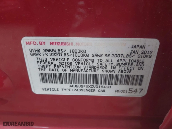 2012 Mitsubishi Lancer ES with VIN JA32U2FUXCU018438, listed as a IAAI auction lot 41772110 with 184,547 mi miles. Bid and sale history available at carsss.com. Image 9.