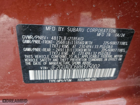 2024 Subaru Crosstrek Premium with VIN JF2GUADC6RH375002, listed as a Copart auction lot 46599715 with NaN miles and Salvage Title. Bid and sale history available at carsss.com. Image 13.