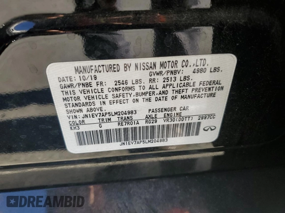 2020 Infiniti Q50 Pure with VIN JN1EV7AP5LM204983, listed as a Copart auction lot 80509274 with 13,029 mi miles and Salvage title. Bid and sale history available at DreamBid. Image 12.
