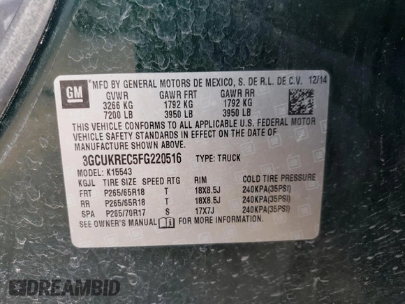 2015 Chevrolet Silverado 1500 LT with VIN 3GCUKREC5FG220516, listed as a Copart auction lot 68086854 with 186,924 mi miles and Salvage Title. Bid and sale history available at DreamBid. Image 13.